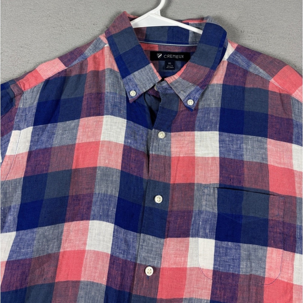 Cremieux Linen Short Sleeve Button Down Plaid Shirt XL Pink Blue White - Picture 3 of 9